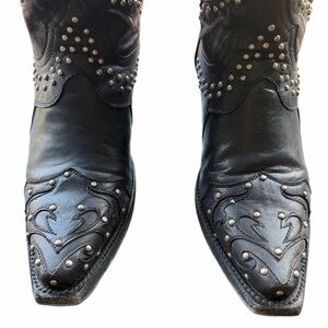 Studded Black Leather Snip Toe Heeled Boots - Women